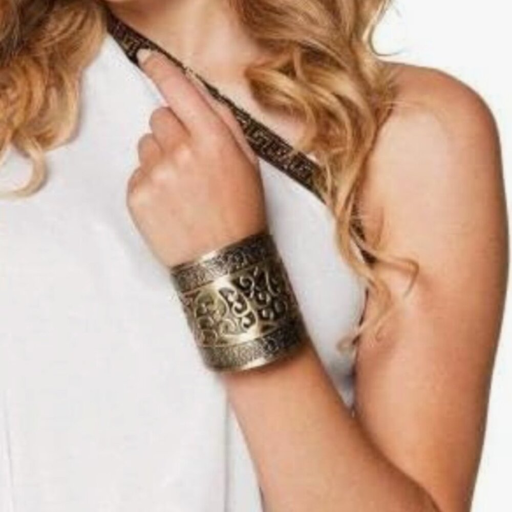 Estruscan Goddess Style Wide Cuff Bangle Bracelet Embossed Rustic Goldtone
